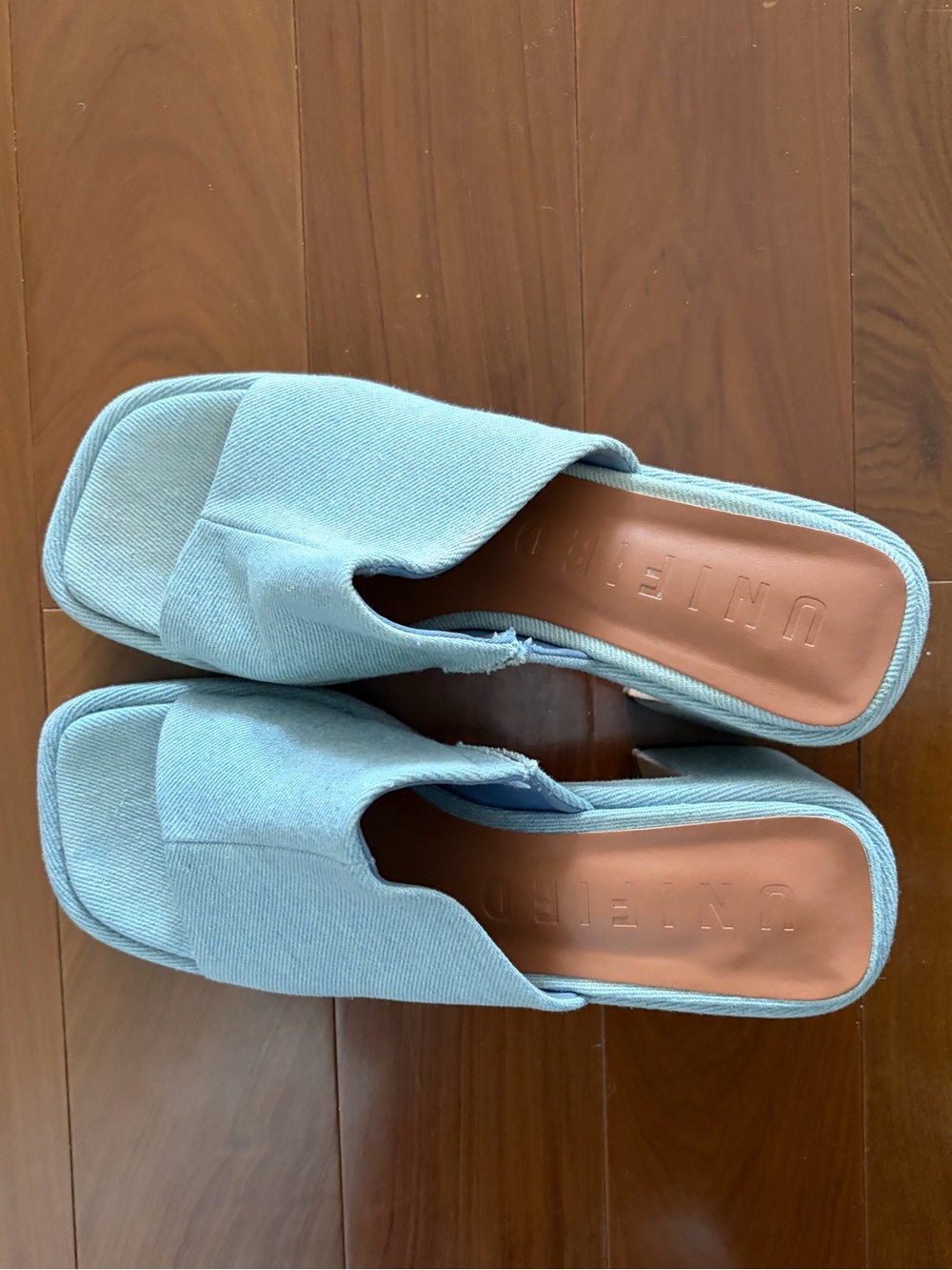 Denim block heels